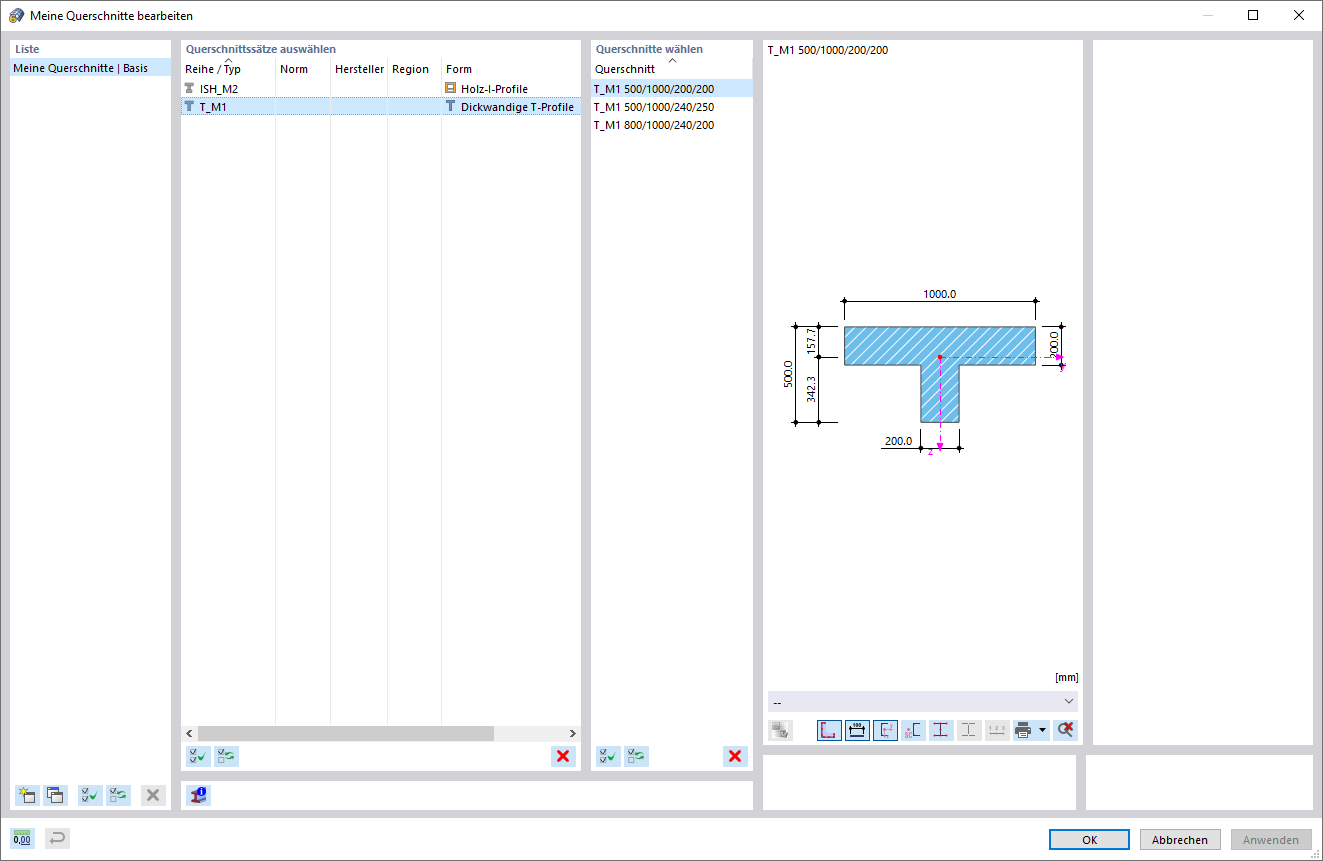 Dialog 'Meine Querschnitte bearbeiten'