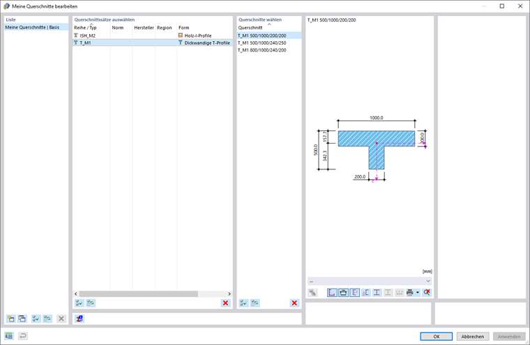 Dialog 'Meine Querschnitte bearbeiten'