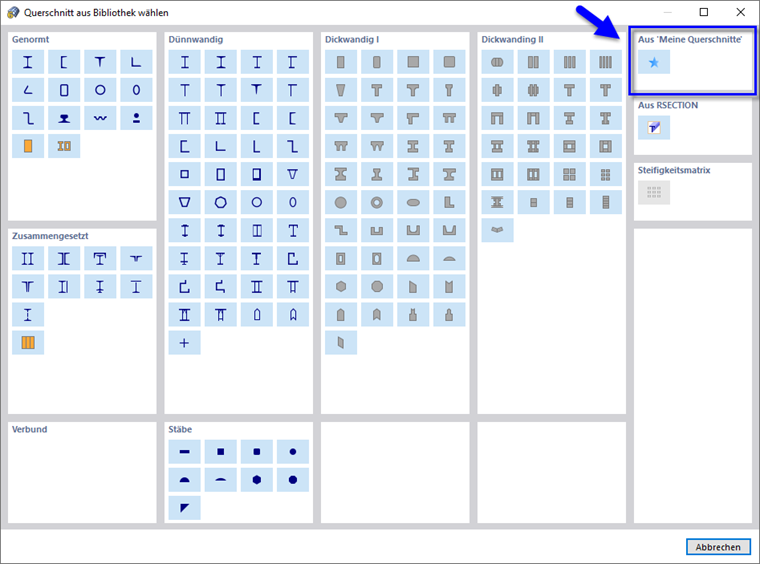 Bevorzugte Querschnitte in Bibliothek öffnen