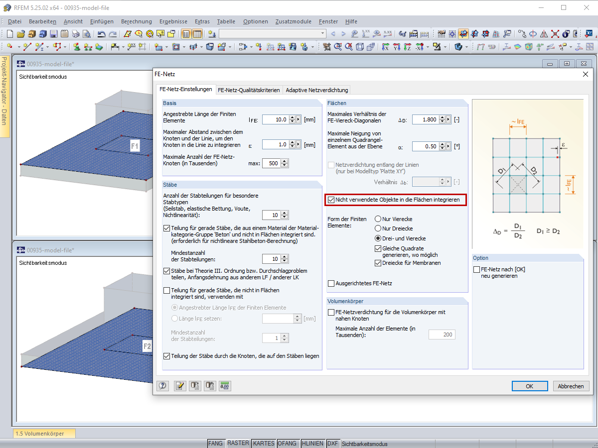 FE-Netz-Einstellungen - Nicht verwendete Objekte in die Flächen integrieren