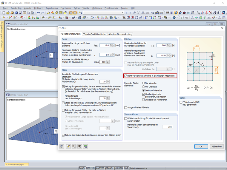 FE-Netz-Einstellungen - Nicht verwendete Objekte in die Flächen integrieren