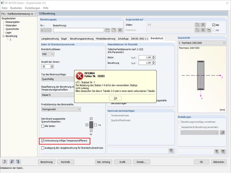 Fehlermeldung Vorkrümmung für Ergebnisstab