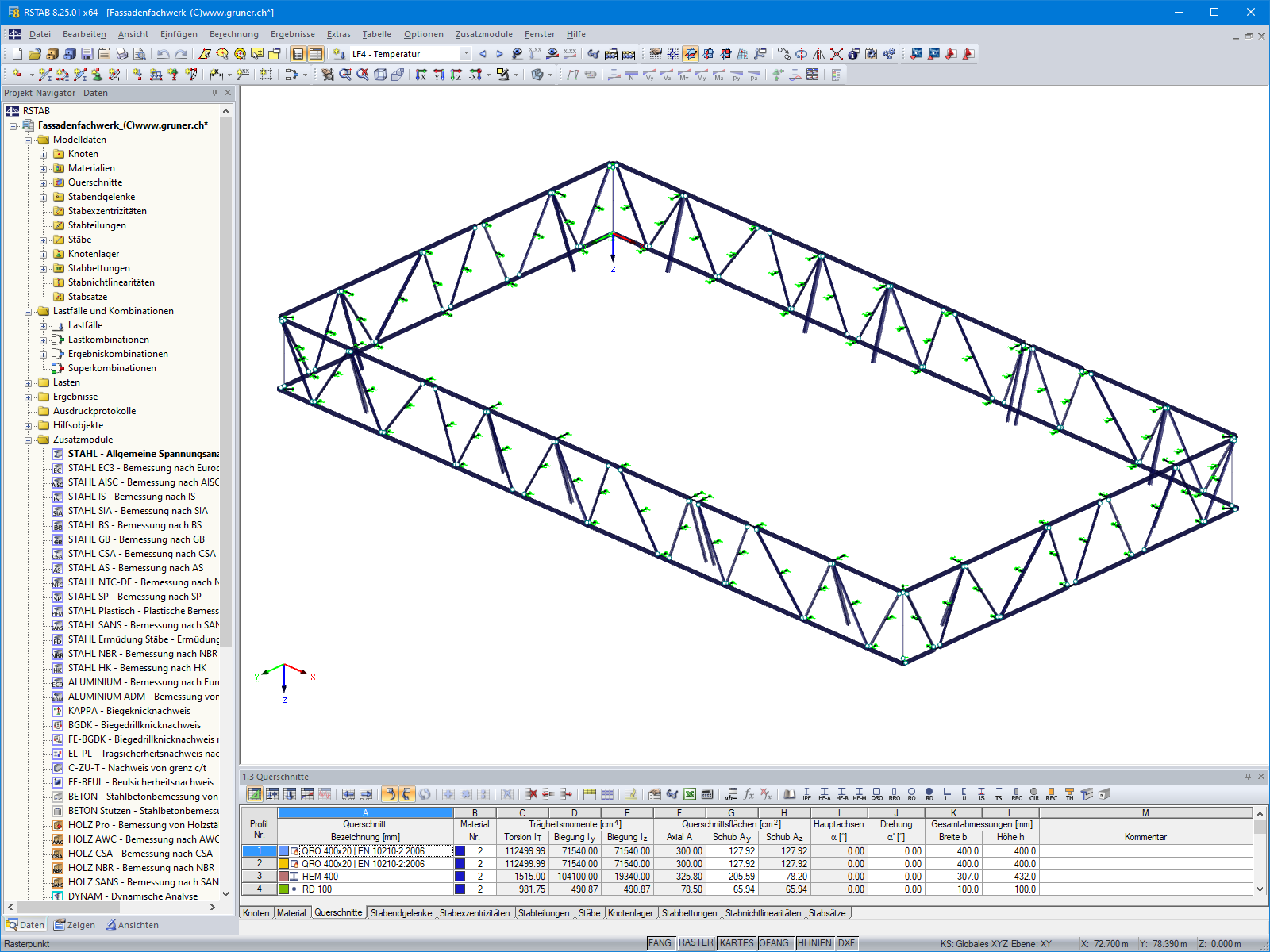 RSTAB-Modell der ca. 10 m hohen Fassadenfachwerke aus Stahl (© Gruner AG)