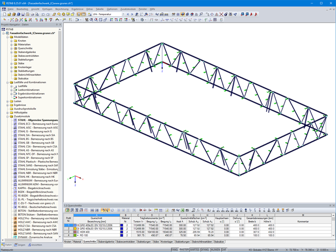 RSTAB-Modell der ca. 10 m hohen Fassadenfachwerke aus Stahl (© Gruner AG)