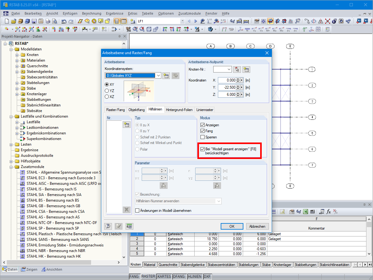Einstellung zur Berücksichtigung der Hilfsobjekte