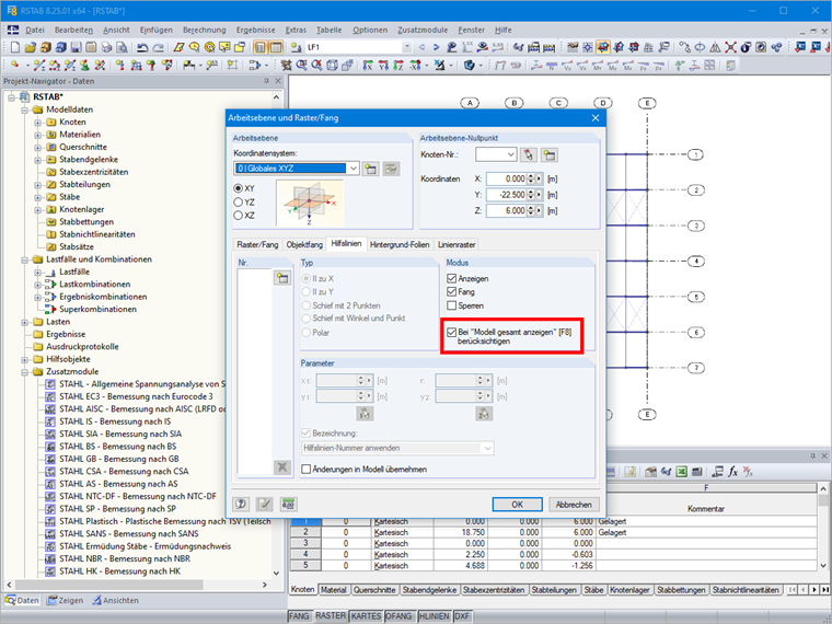Einstellung zur Berücksichtigung der Hilfsobjekte