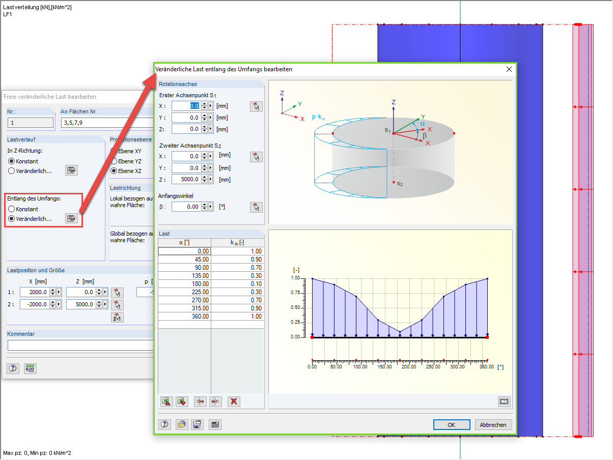 Veränderliche Last entlang des Umfangs bearbeiten