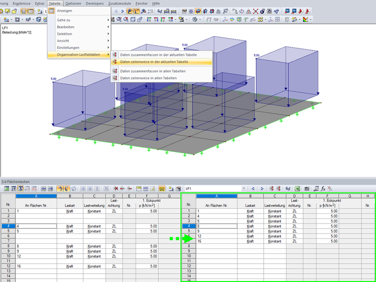 Organisation Lastfalldaten: Daten zeilenweise in der aktuellen Tabelle