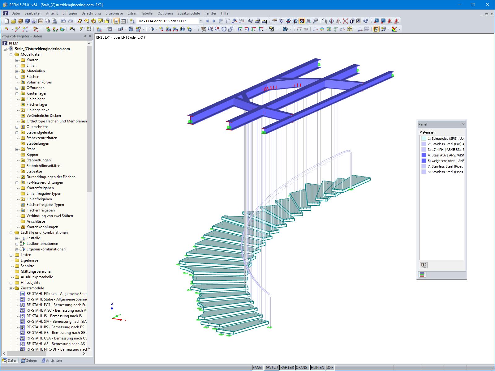 3D-Modell der abgehängten Glastreppe in RFEM (© Stutzki Engineering)