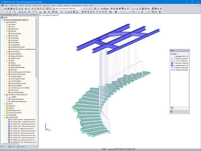 3D-Modell der abgehängten Glastreppe in RFEM (© Stutzki Engineering)