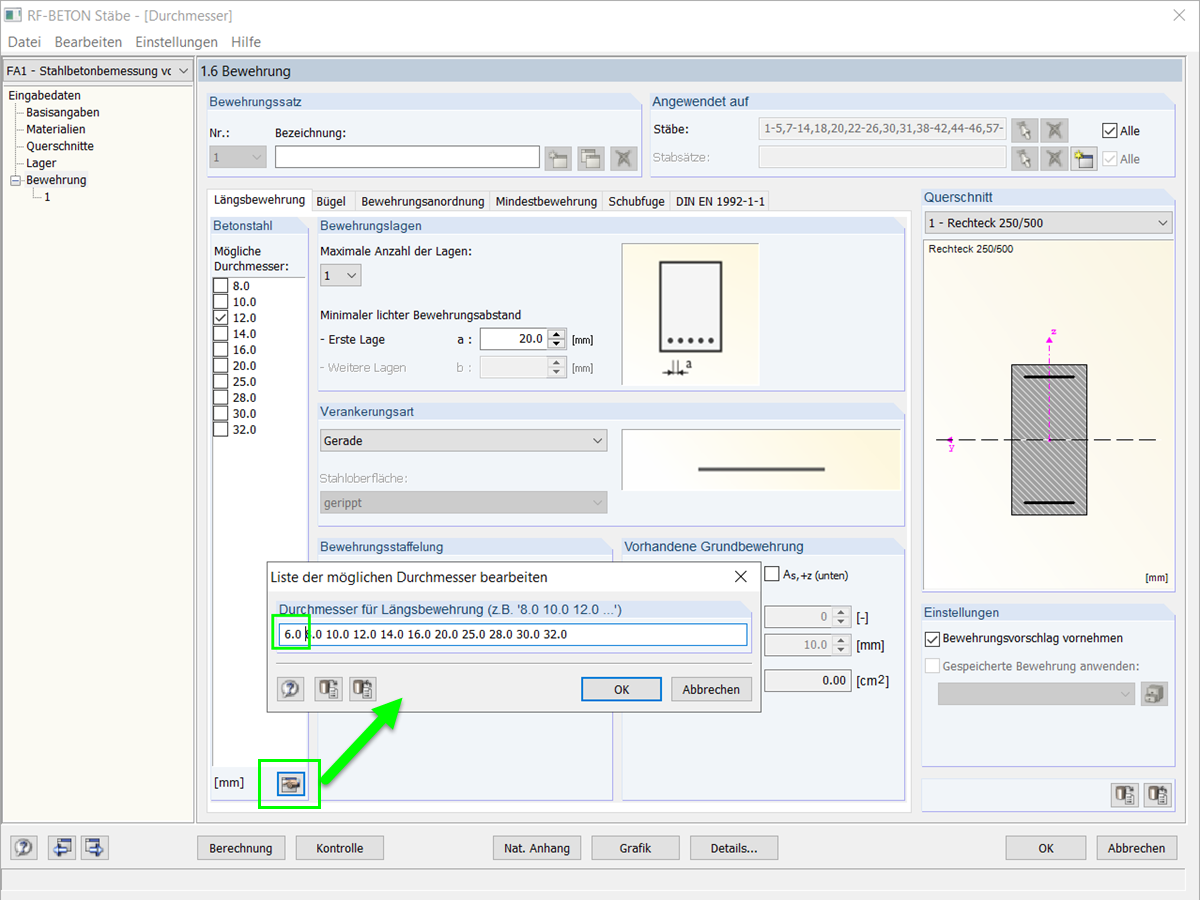 FAQ 005016 | Wie kann man für die Bemessung von Stabtragwerken aus Stahlbeton einen Durchmesser für die Bewehrungsstäbe wählen, der nicht in der Liste möglicher Durchmesser vorhanden ist?