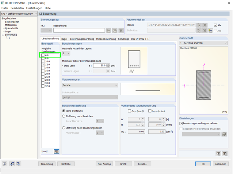 FAQ 005016 | Wie kann man für die Bemessung von Stabtragwerken aus Stahlbeton einen Durchmesser für die Bewehrungsstäbe wählen, der nicht in der Liste möglicher Durchmesser vorhanden ist?