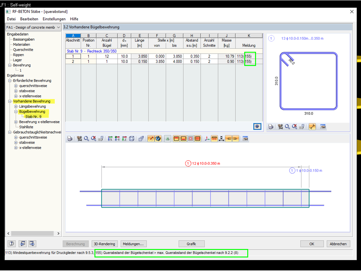 FAQ 005020 | Warum erscheint die Warnmeldung 155) als Ergebnis der Stahlbetonbemessung von Bauteilen für die Bügelbewehrung?