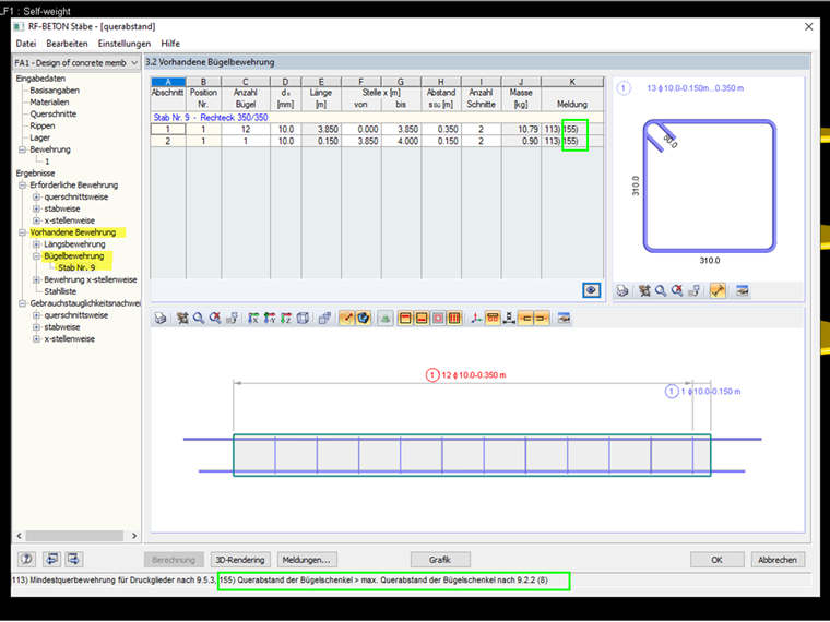 FAQ 005020 | Warum erscheint die Warnmeldung 155) als Ergebnis der Stahlbetonbemessung von Bauteilen für die Bügelbewehrung?