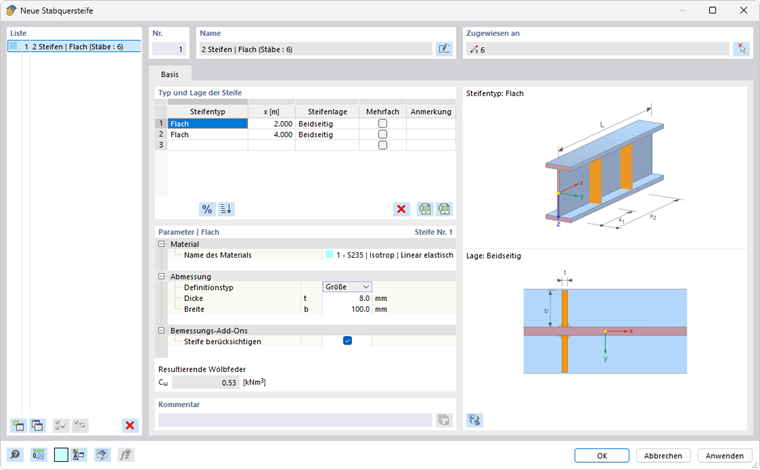 Dialog 'Neue Stabquersteife'