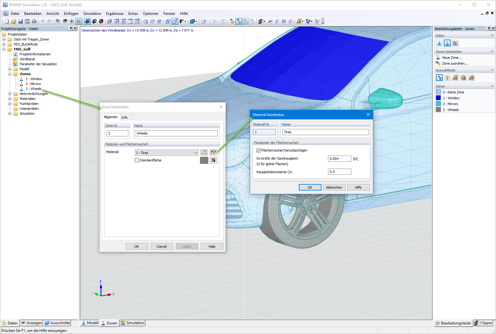 RWIND Simulation | Definition der Oberflächenrauheit für das Material einer Zone