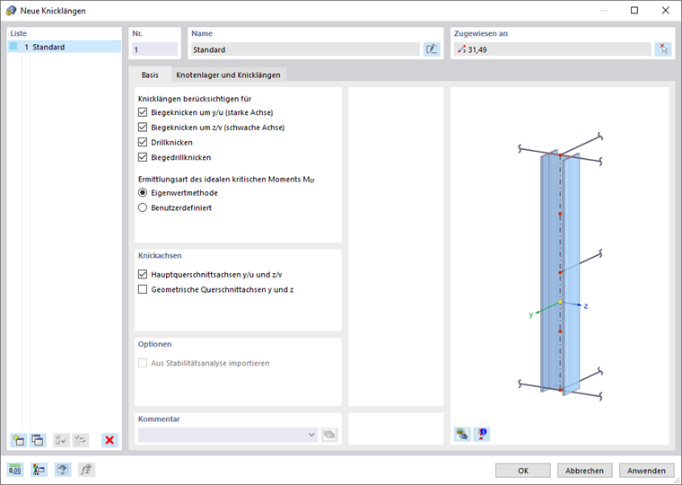 Dialog 'Neue Knicklängen'