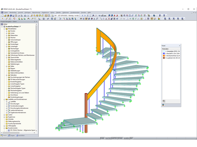 3D-Modell der Treppe aus verschiedenen Materialien (Holz, Stahl, Glas) in RFEM (© YLEx)