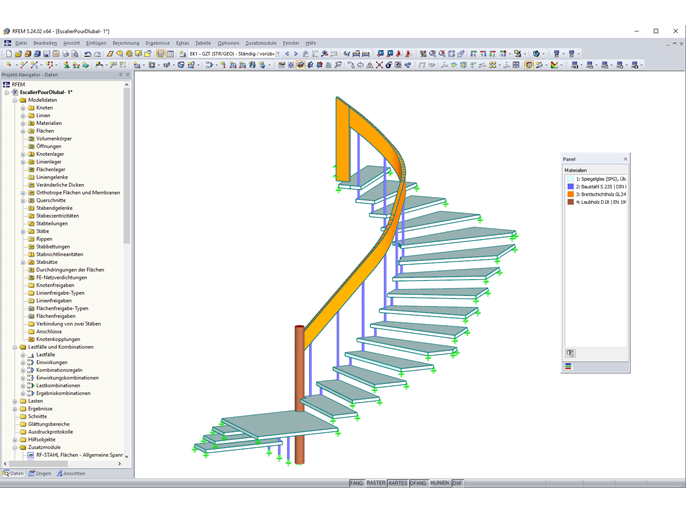 3D-Modell der Treppe aus verschiedenen Materialien (Holz, Stahl, Glas) in RFEM (© YLEx)