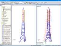 3D-Modell des Fachwerkturms (links) und Normalkräfte (rechts) in RSTAB (© TU Dresden)