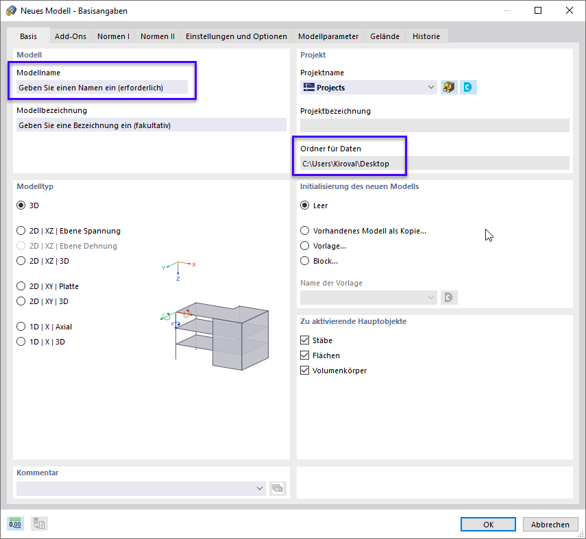 Dialog 'Basisangaben', Register 'Basis'