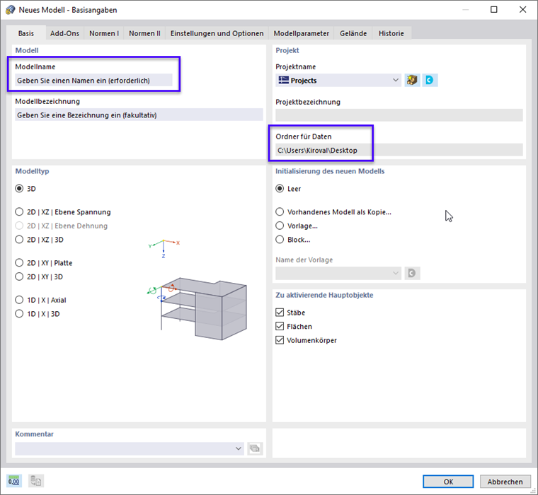 Dialog 'Basisangaben', Register 'Basis'