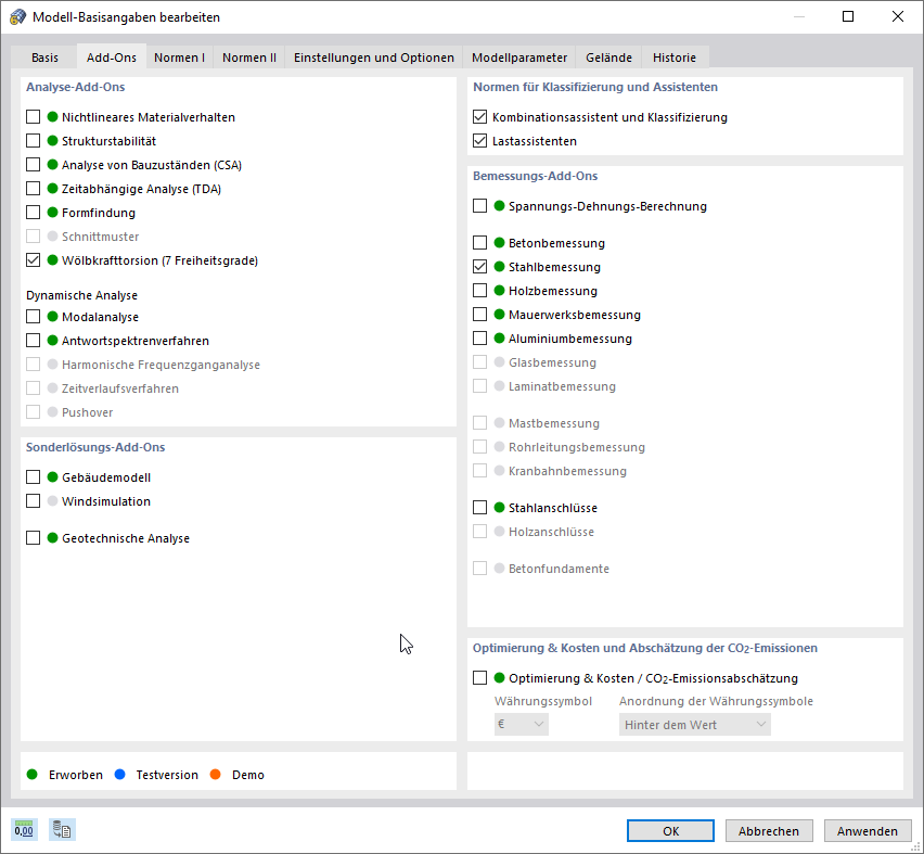 Register "Add-ons" mit Funktionen für Berechnung und Bemessung
