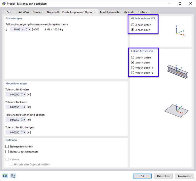 Register "Einstellungen und Optionen" für Achsen