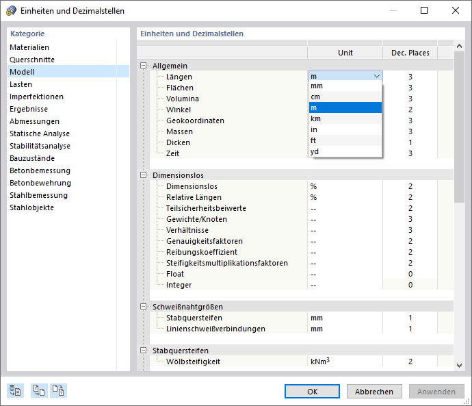 Dialog "Einheiten und Dezimalstellen"