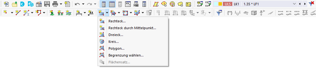 Symbolleiste mit Listenschaltfläche "Neue Rechteckfläche"