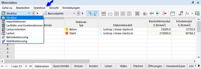 Tabelle 'Materialien' mit Liste der Hauptkategorien