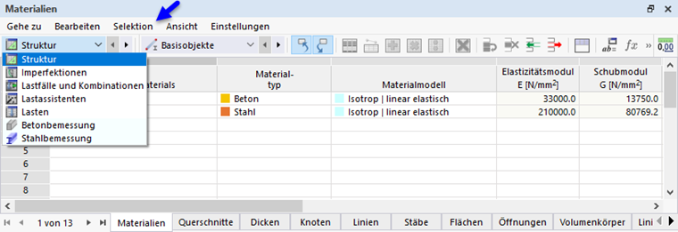 Tabelle 'Materialien' mit Liste der Hauptkategorien
