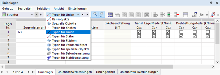 Tabelle 'Linienlager' mit Liste der Unterkategorien