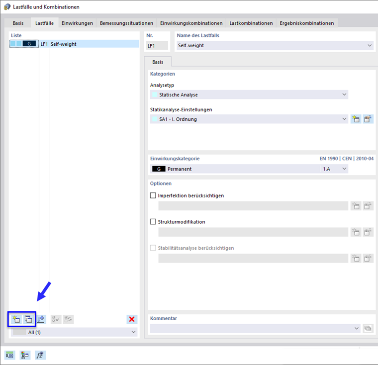 Schaltflächen 'Neu' und 'Kopieren'