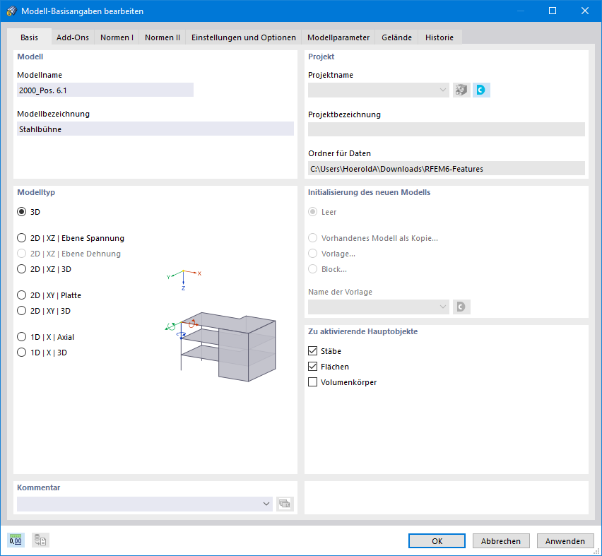 Wahl zwischen den Modelltypen 1D, 2D und 3D in den Basisangaben