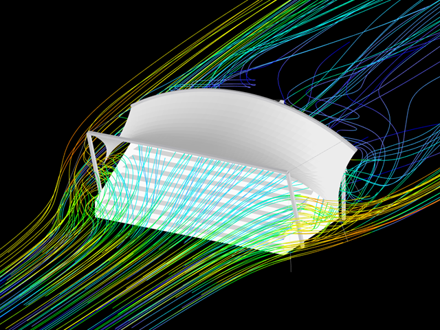 Stahl-Membrankonstruktion mit Seilabspannungen und darunter liegender Treppe, Animation