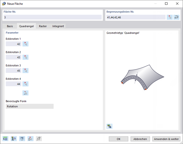 Quadrangelfläche definieren