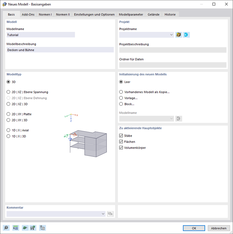 Dialog 'Neues Modell - Basisangaben'