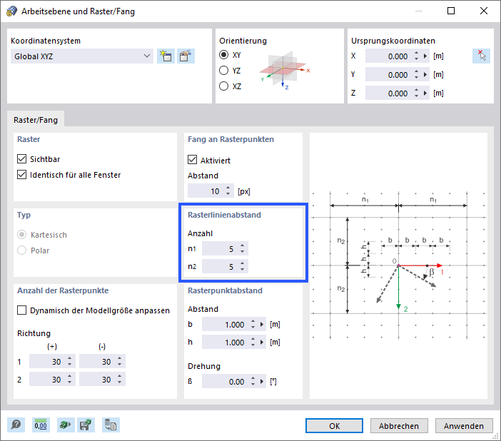 Dialog 'Arbeitsebene und Raster/Fang'