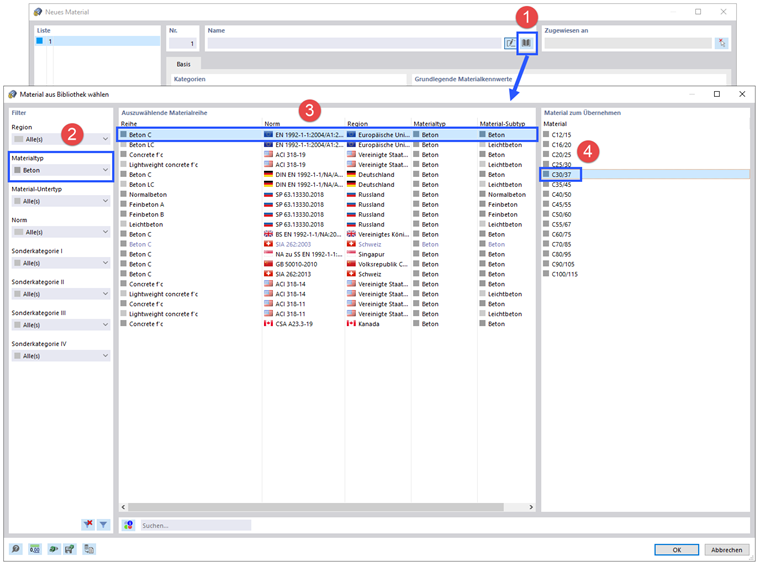 Beton in Materialbibliothek auswählen