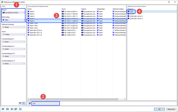 Stahl in Materialbibliothek auswählen