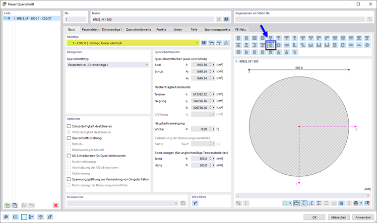Parametrischen Kreisquerschnitt wählen