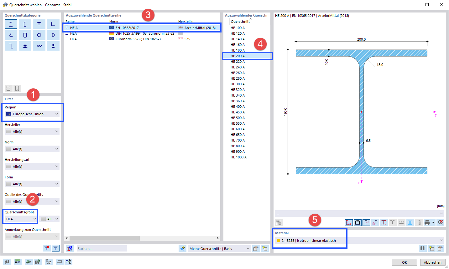 Querschnitt HE 200 A in der Bibliothek auswählen