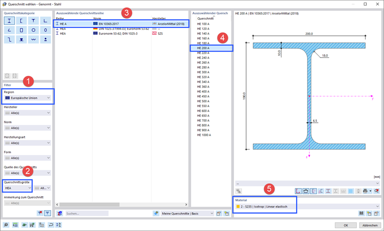 Querschnitt HE 200 A in der Bibliothek auswählen