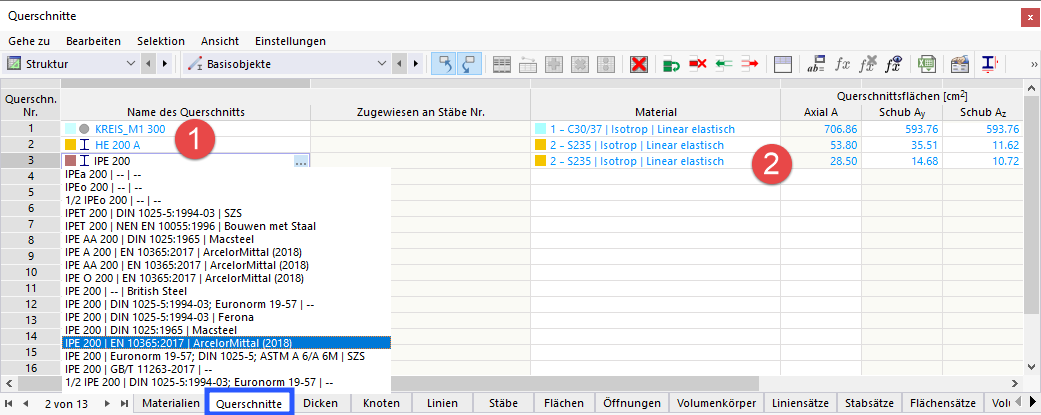 IPE 200 in der Tabelle 'Querschnitte' definieren