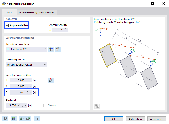 Kopieren von Objekten 3 m nach oben