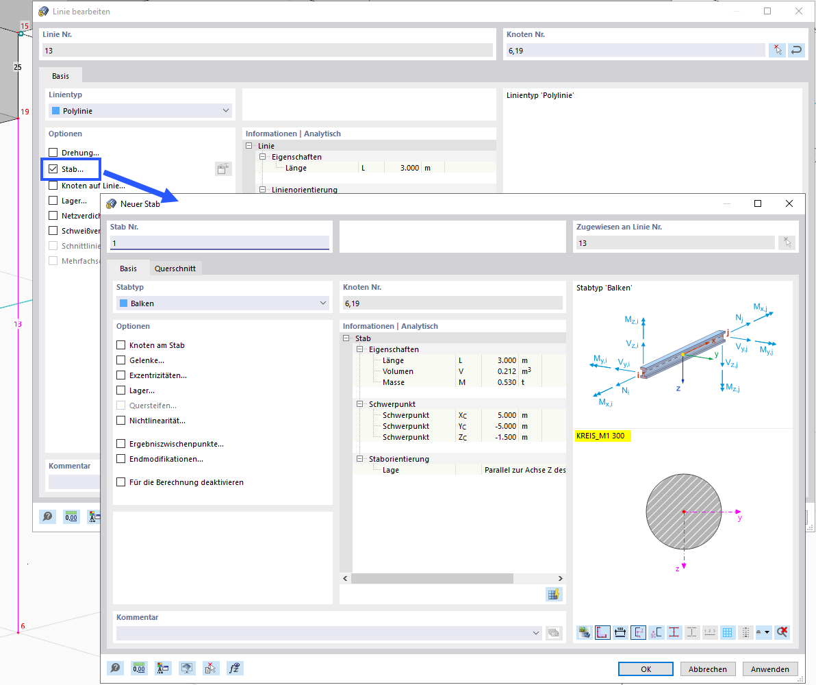 Stab einer Linie zuordnen