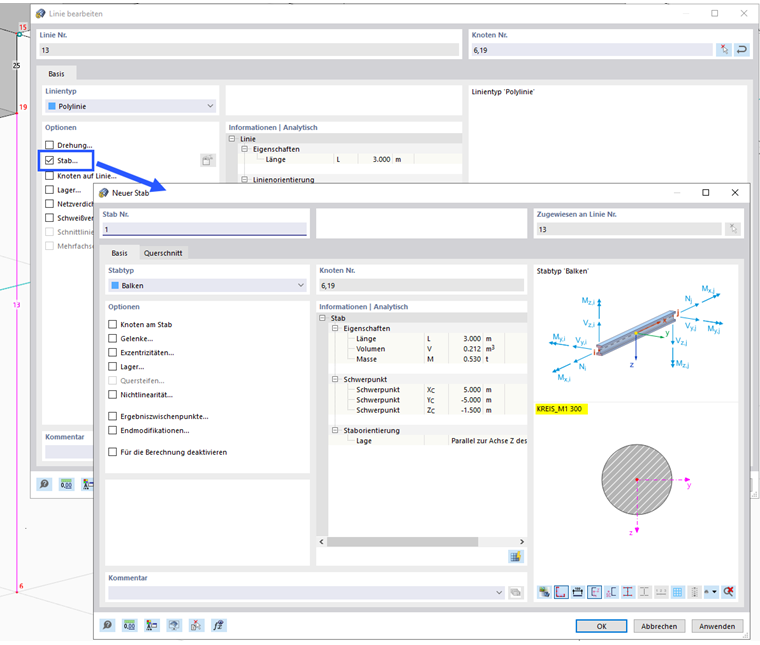 Stab einer Linie zuordnen