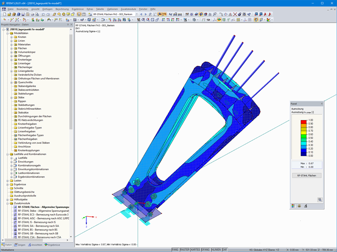 Stahlspannungen des Fußpunktes der Seilabspannungen in RFEM (© m3-ZT GmbH)