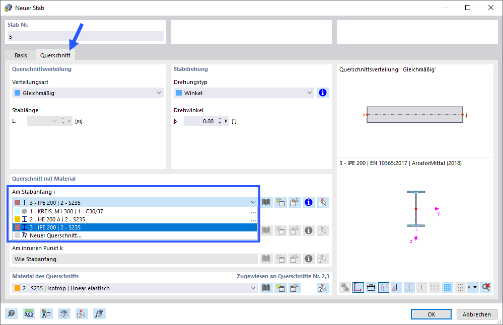 Auswahl von IPE 200 Profil